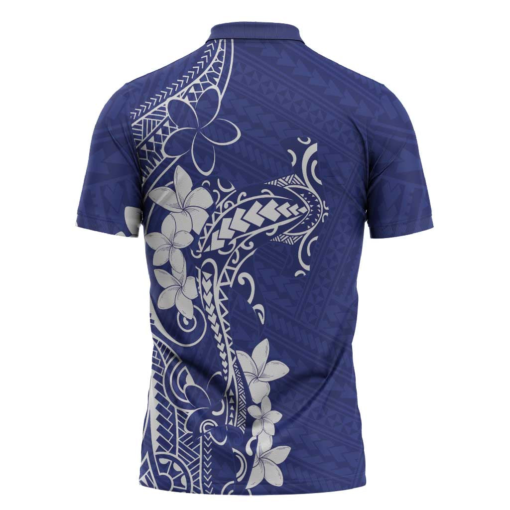 Blue Hawaii Zipper Polo Shirt Hammerhead Shark Tattoo Curve Polynesian - Polynesian Pride