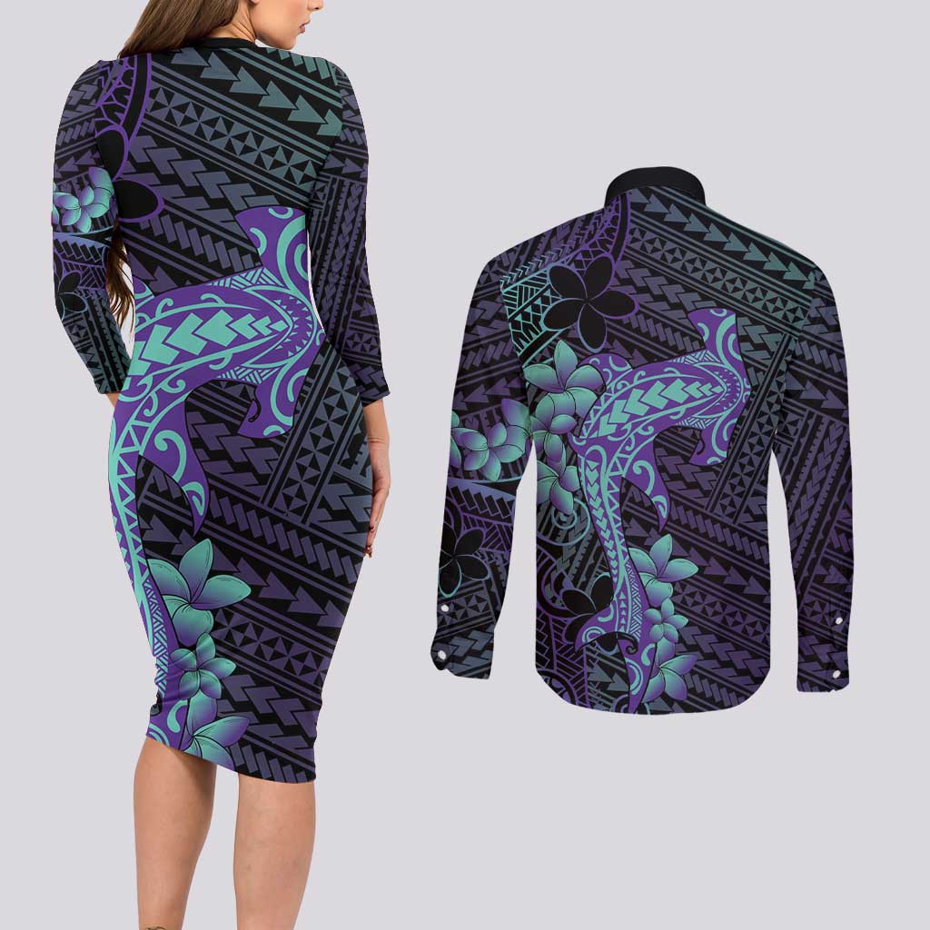 Purple Paradise Hawaii Couples Matching Long Sleeve Bodycon Dress and Long Sleeve Button Shirt Hammerhead Shark Tattoo Curve Polynesian - Polynesian Pride