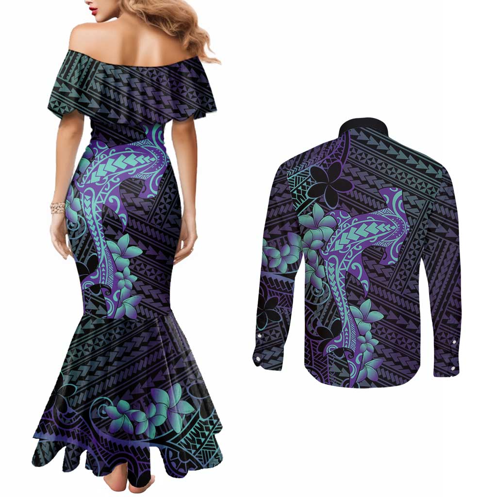 Purple Paradise Hawaii Couples Matching Mermaid Dress and Long Sleeve Button Shirt Hammerhead Shark Tattoo Curve Polynesian - Polynesian Pride
