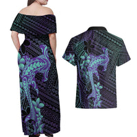 Purple Paradise Hawaii Couples Matching Off Shoulder Maxi Dress and Hawaiian Shirt Hammerhead Shark Tattoo Curve Polynesian - Polynesian Pride