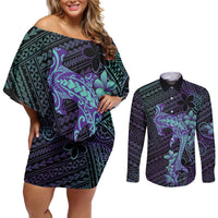 Purple Paradise Hawaii Couples Matching Off Shoulder Short Dress and Long Sleeve Button Shirt Hammerhead Shark Tattoo Curve Polynesian - Polynesian Pride