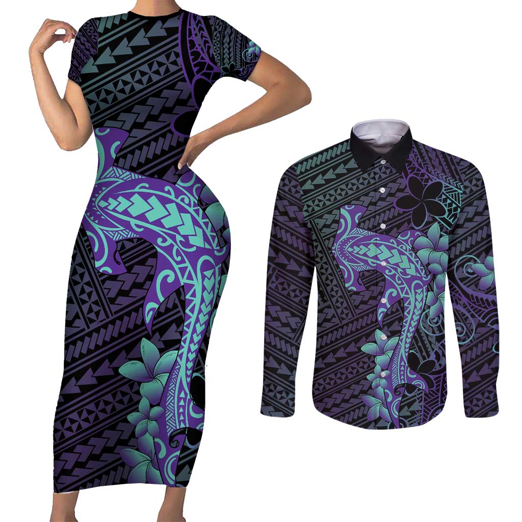 Purple Paradise Hawaii Couples Matching Short Sleeve Bodycon Dress and Long Sleeve Button Shirt Hammerhead Shark Tattoo Curve Polynesian - Polynesian Pride