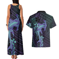 Purple Paradise Hawaii Couples Matching Tank Maxi Dress and Hawaiian Shirt Hammerhead Shark Tattoo Curve Polynesian - Polynesian Pride