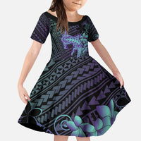 Purple Paradise Hawaii Family Matching Puletasi and Hawaiian Shirt Hammerhead Shark Tattoo Curve Polynesian LT14 Daughter's Dress Purple - Polynesian Pride