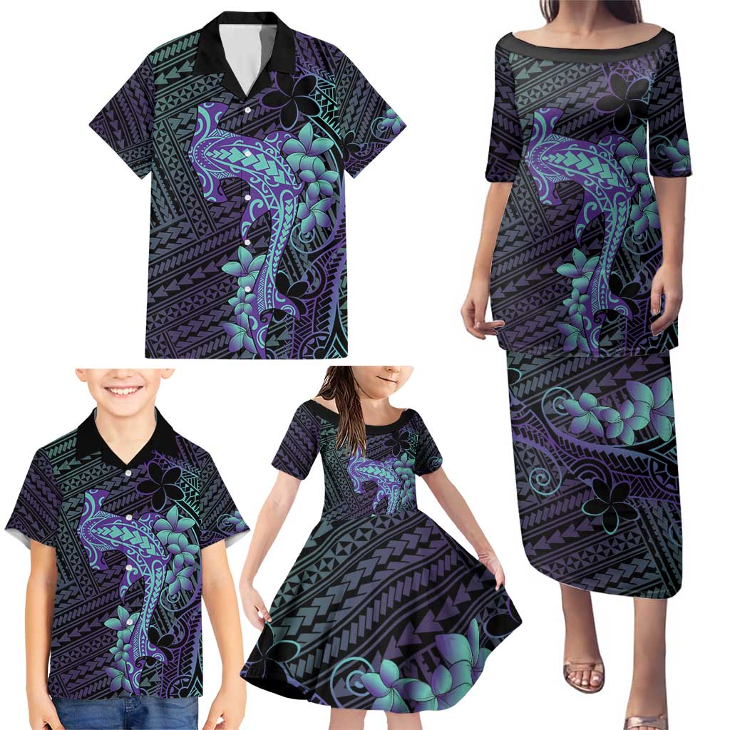 Purple Paradise Hawaii Family Matching Puletasi and Hawaiian Shirt Hammerhead Shark Tattoo Curve Polynesian - Polynesian Pride