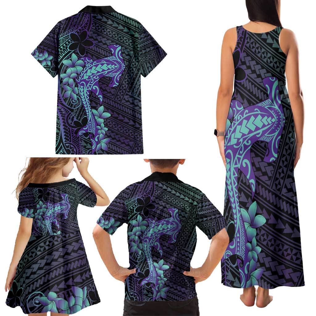 Purple Paradise Hawaii Family Matching Tank Maxi Dress and Hawaiian Shirt Hammerhead Shark Tattoo Curve Polynesian - Polynesian Pride
