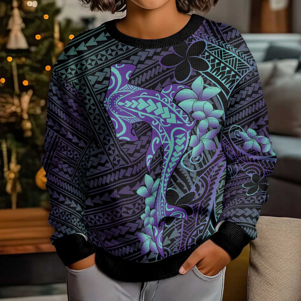 Purple Paradise Hawaii Kid Ugly Christmas Sweater Hammerhead Shark Tattoo Curve Polynesian - Polynesian Pride