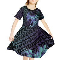 Purple Paradise Hawaii Kid Short Sleeve Dress Hammerhead Shark Tattoo Curve Polynesian - Polynesian Pride