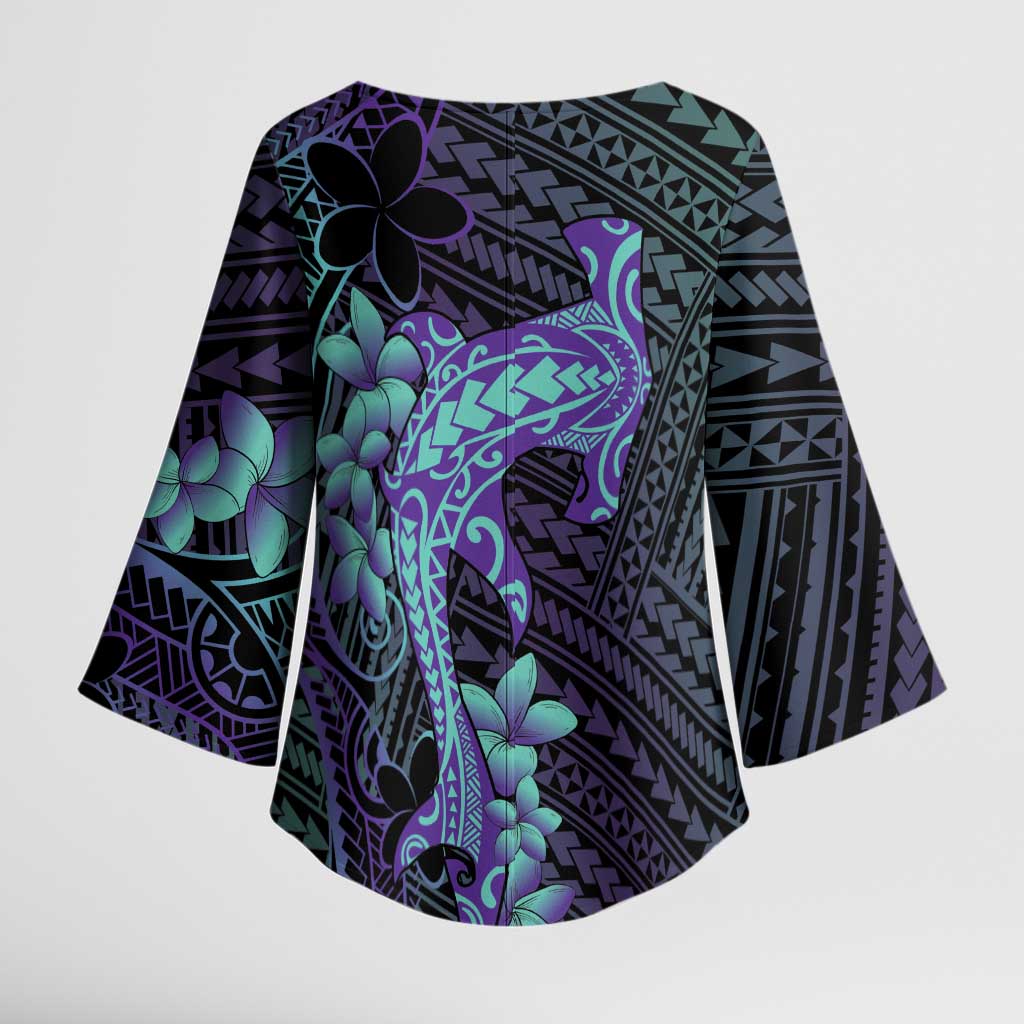 Purple Paradise Hawaii Kimono Sleeve Blouse Hammerhead Shark Tattoo Curve Polynesian - Polynesian Pride
