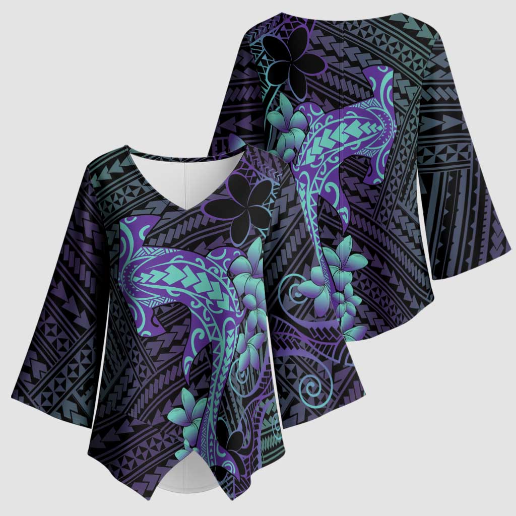Purple Paradise Hawaii Kimono Sleeve Blouse Hammerhead Shark Tattoo Curve Polynesian - Polynesian Pride