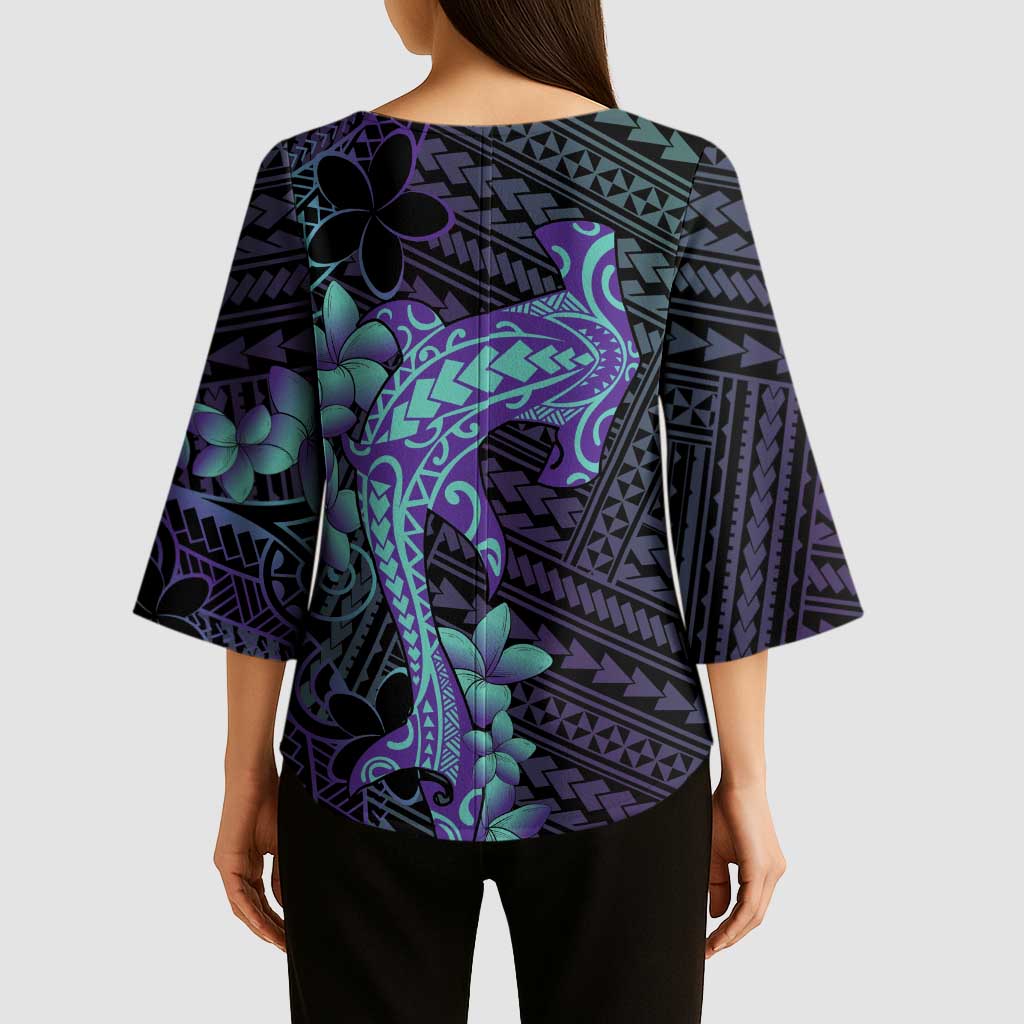Purple Paradise Hawaii Kimono Sleeve Blouse Hammerhead Shark Tattoo Curve Polynesian - Polynesian Pride