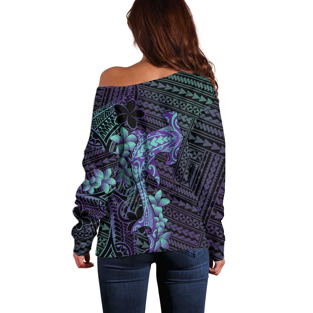 Purple Paradise Hawaii Off Shoulder Sweater Hammerhead Shark Tattoo Curve Polynesian - Polynesian Pride