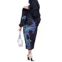 Purple Paradise Hawaii Off The Shoulder Long Sleeve Dress Hammerhead Shark Tattoo Curve Polynesian - Polynesian Pride