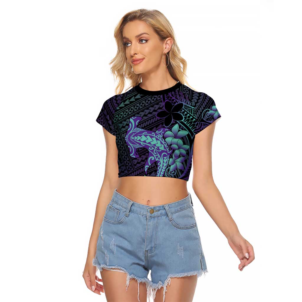 Purple Paradise Hawaii Raglan Cropped T Shirt Hammerhead Shark Tattoo Curve Polynesian LT14 Female Purple - Polynesian Pride