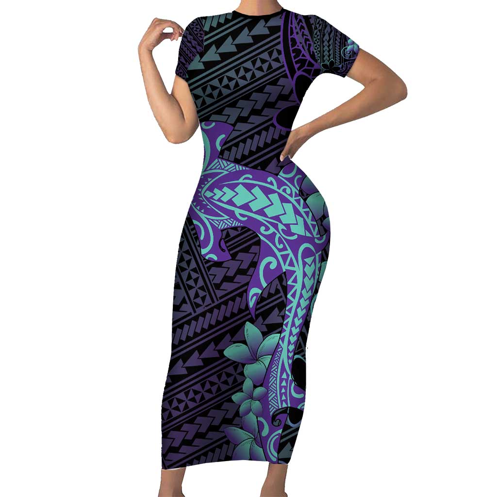 Purple Paradise Hawaii Short Sleeve Bodycon Dress Hammerhead Shark Tattoo Curve Polynesian - Polynesian Pride