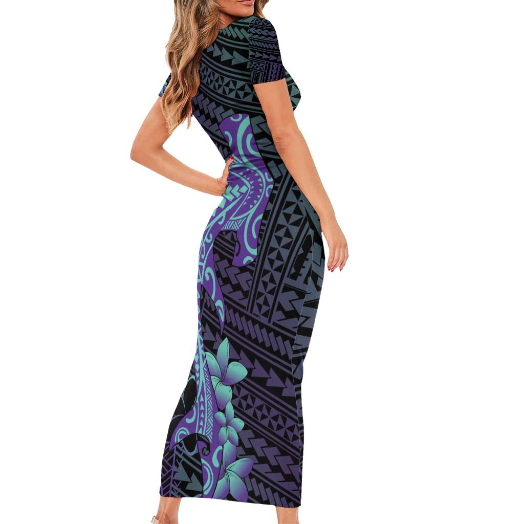 Purple Paradise Hawaii Short Sleeve Bodycon Dress Hammerhead Shark Tattoo Curve Polynesian - Polynesian Pride