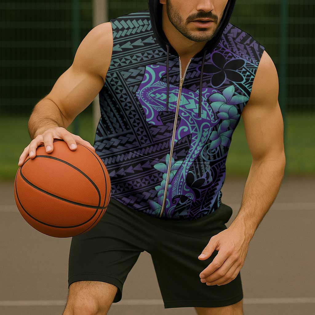 Purple Paradise Hawaii Sleeveless Zip Hoodie Hammerhead Shark Tattoo Curve Polynesian - Polynesian Pride