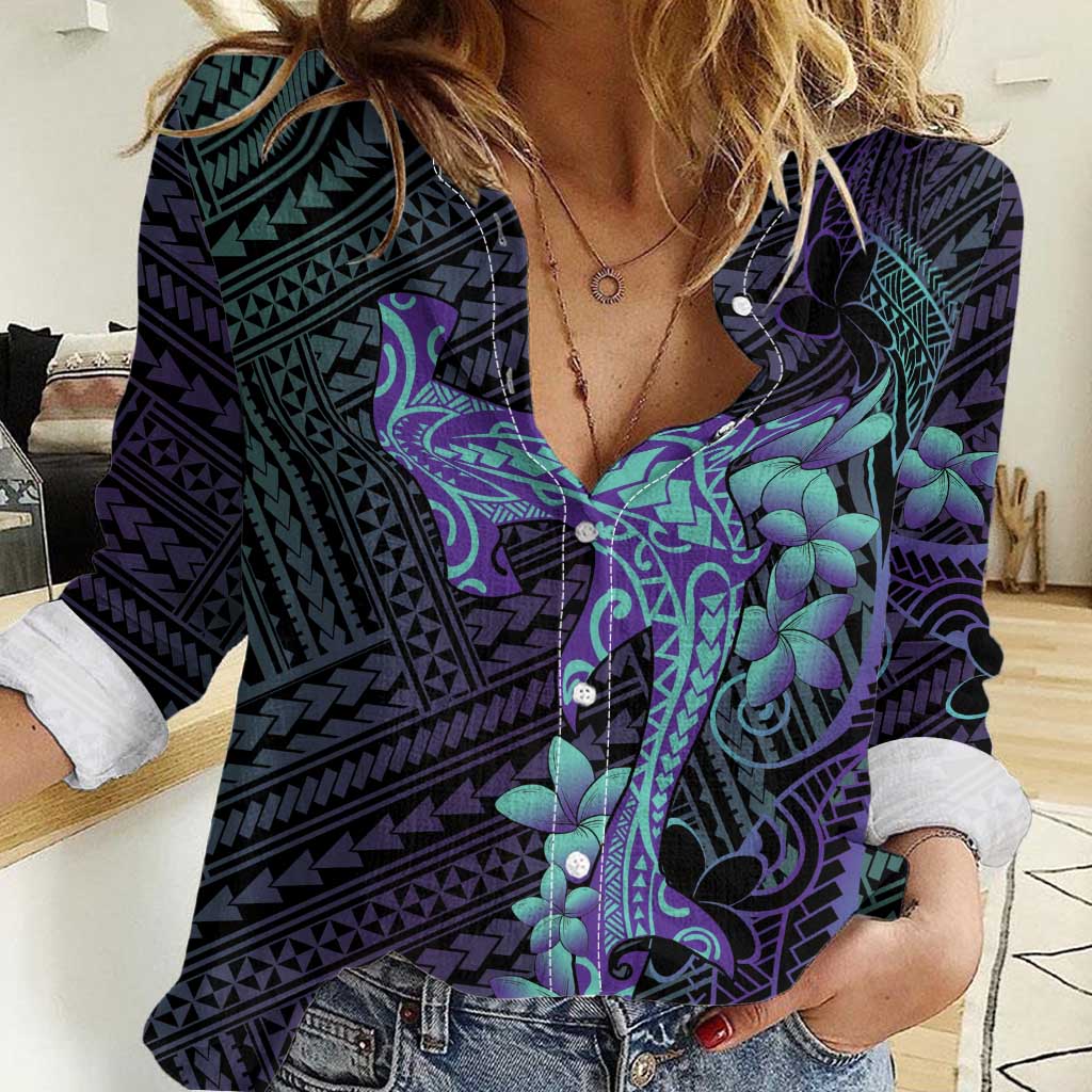 Purple Paradise Hawaii Women Casual Shirt Hammerhead Shark Tattoo Curve Polynesian - Polynesian Pride