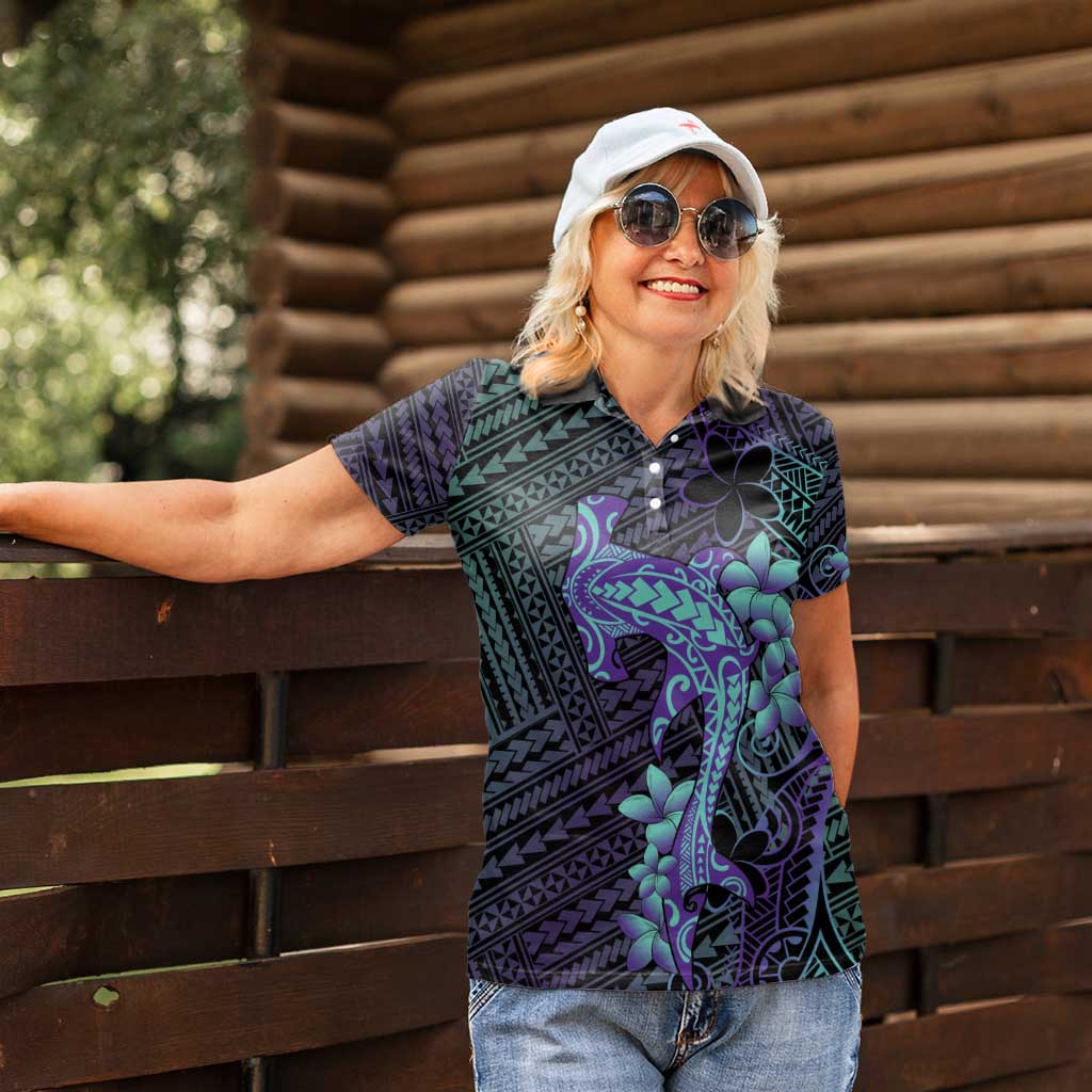 Purple Paradise Hawaii Women Polo Shirt Hammerhead Shark Tattoo Curve Polynesian - Polynesian Pride