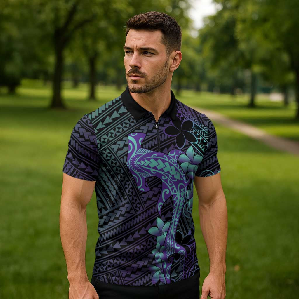 Purple Paradise Hawaii Zipper Polo Shirt Hammerhead Shark Tattoo Curve Polynesian - Polynesian Pride