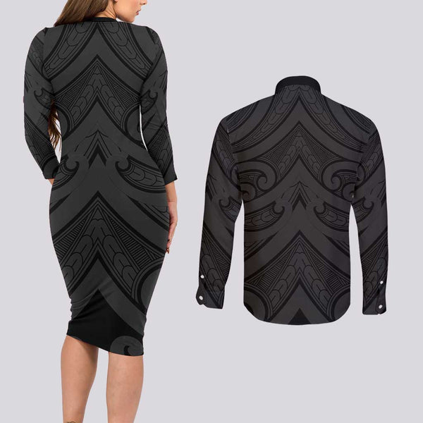 New Zealand Couples Matching Summer Maxi Dress and Long Sleeve Button Shirts Aotearoa Hei-Tiki Maori Fern Tattoo Arty LT9