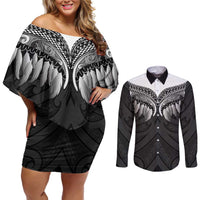 Poutama Korowai New Zealand Couples Matching Off Shoulder Short Dress and Long Sleeve Button Shirt Aotearoa Maori Tattoo - Polynesian Pride