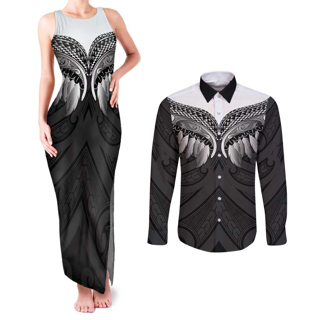 Poutama Korowai New Zealand Couples Matching Tank Maxi Dress and Long Sleeve Button Shirt Aotearoa Maori Tattoo - Polynesian Pride