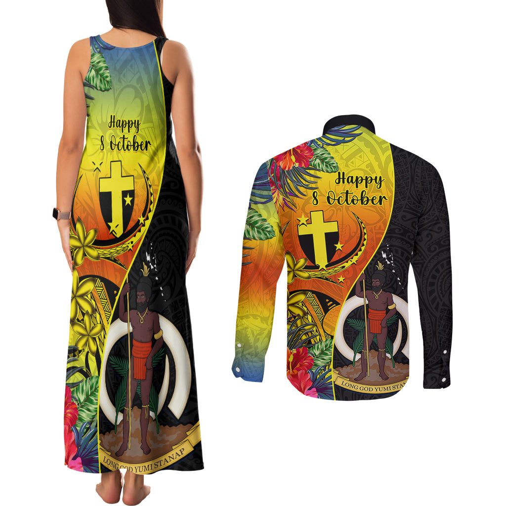 vanuatu-tafea-day-couples-matching-tank-maxi-dress-and-long-sleeve-button-shirts-coat-of-arms-mix-tropical-flowers