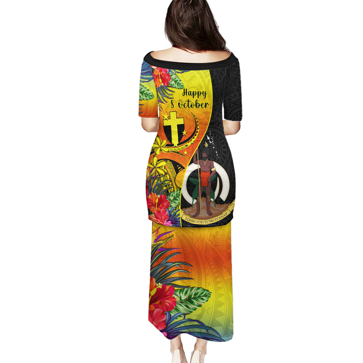 vanuatu-tafea-day-family-matching-puletasi-dress-and-hawaiian-shirt-coat-of-arms-mix-tropical-flowers