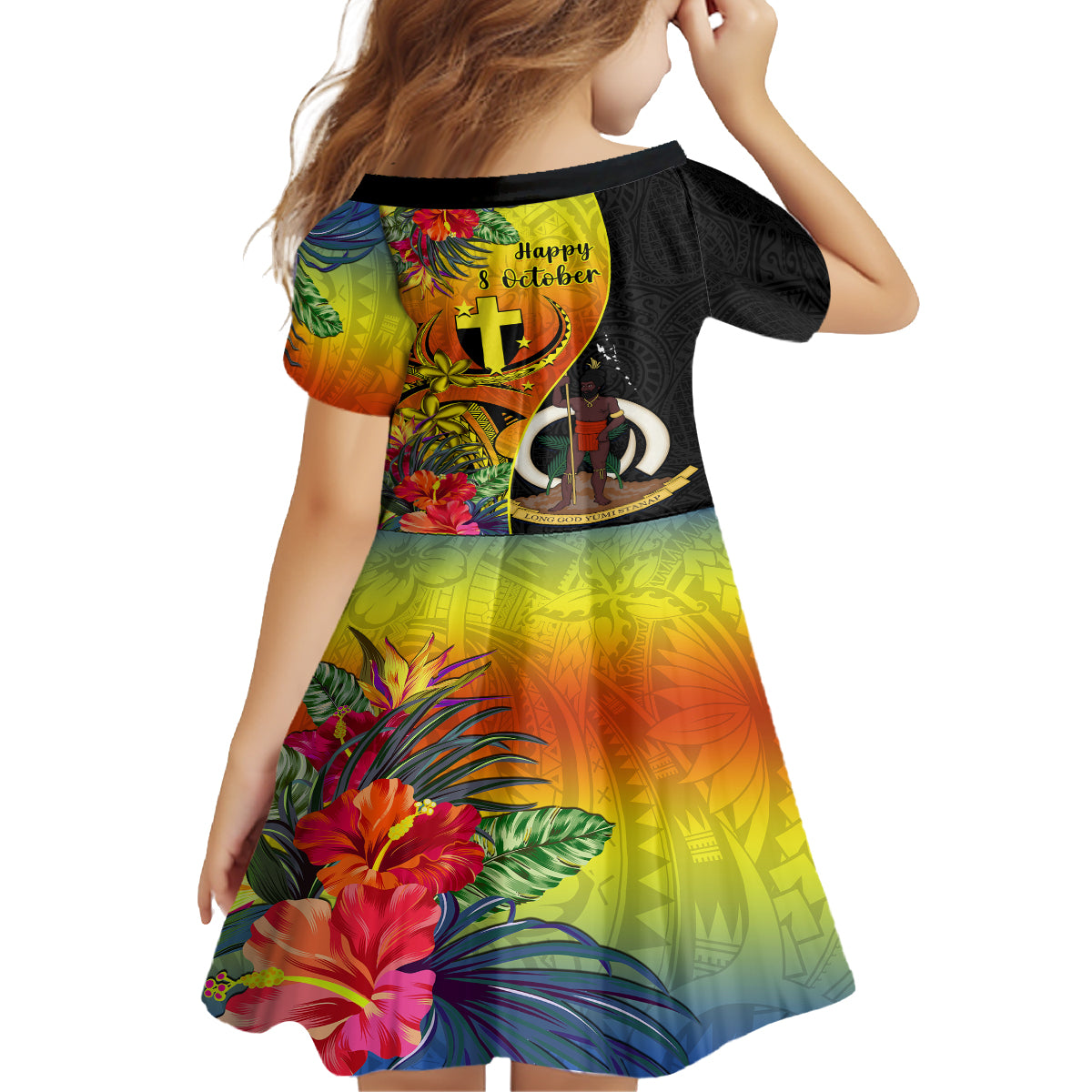vanuatu-tafea-day-kid-short-sleeve-dress-coat-of-arms-mix-tropical-flowers