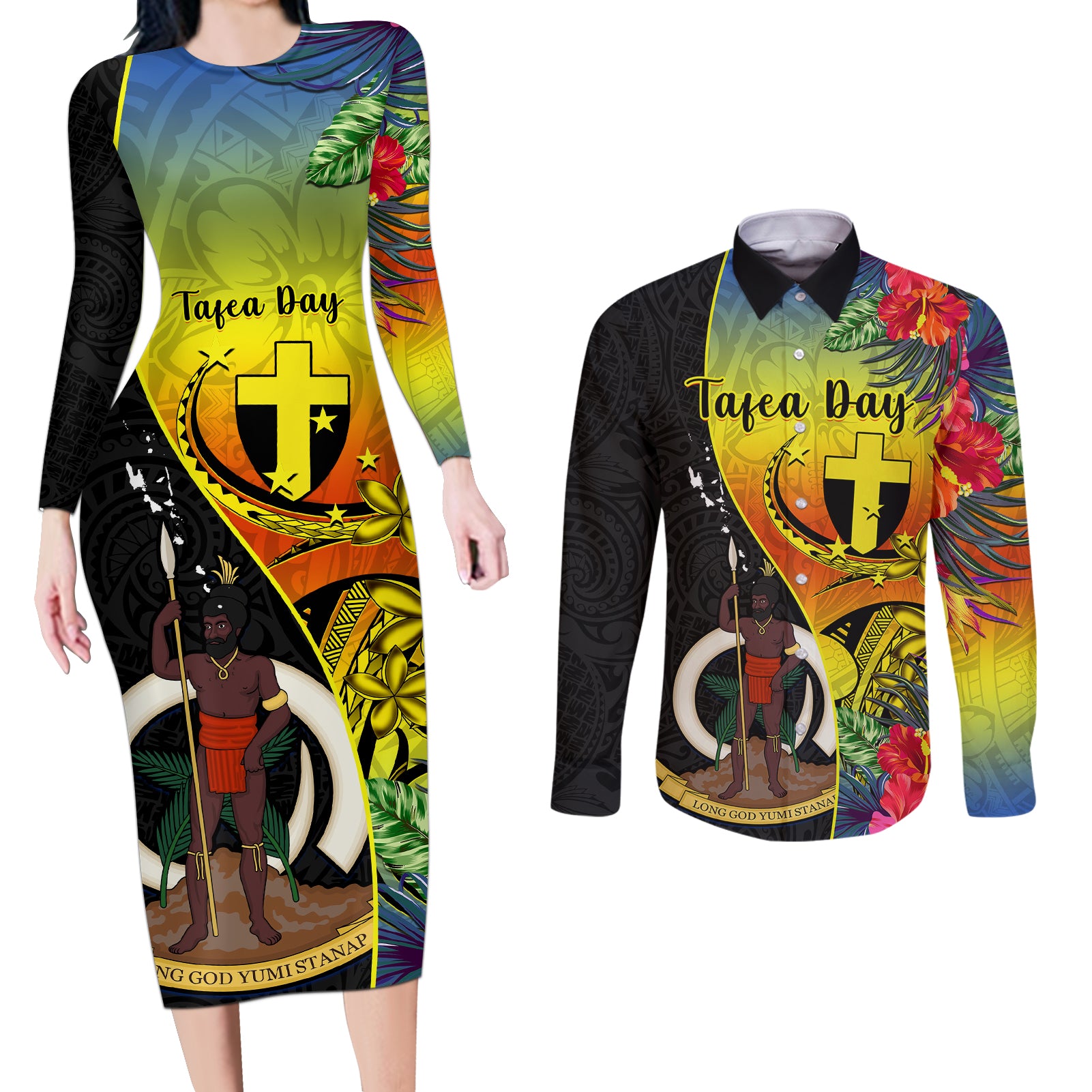personalised-vanuatu-tafea-day-couples-matching-long-sleeve-bodycon-dress-and-long-sleeve-button-shirts-coat-of-arms-mix-tropical-flowers