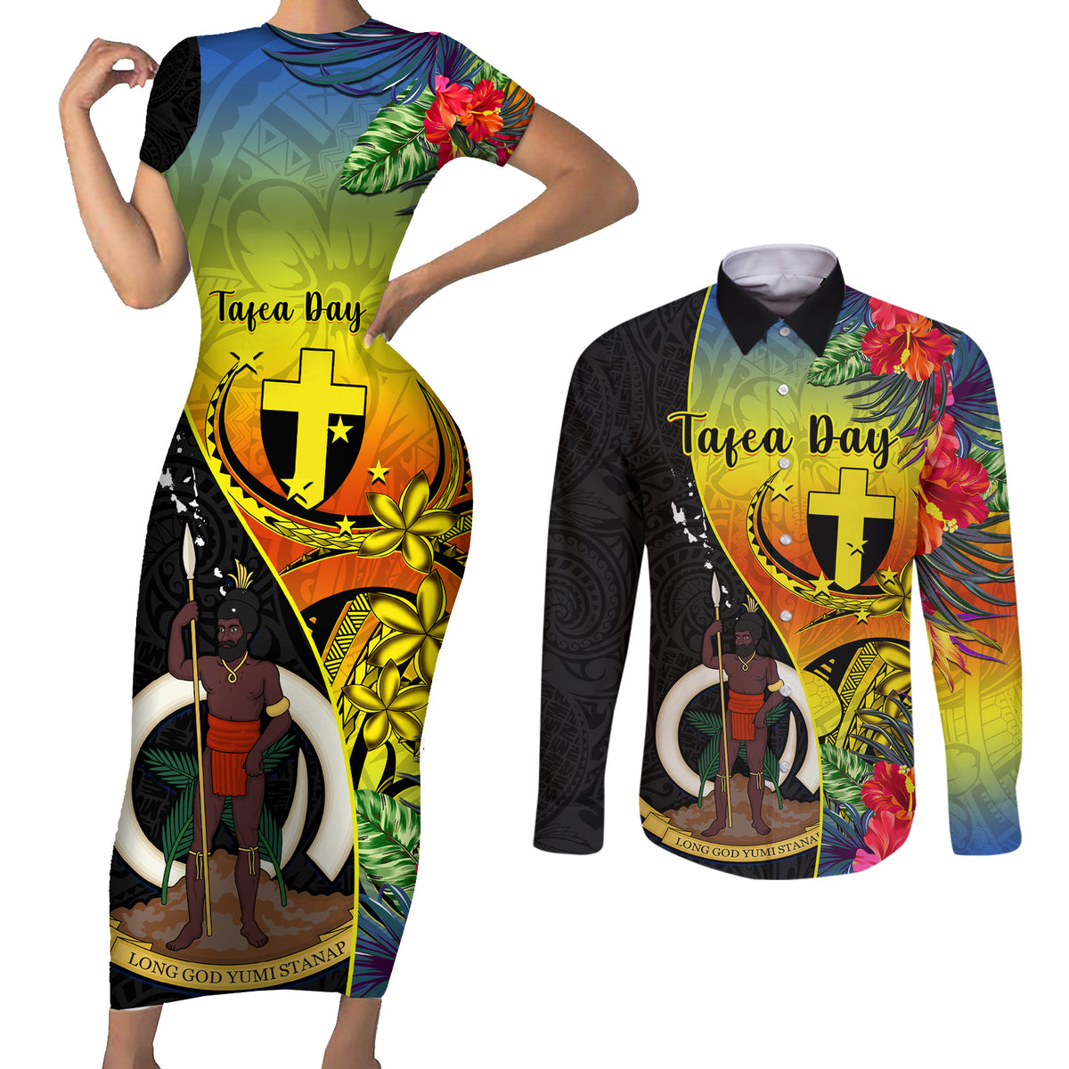 personalised-vanuatu-tafea-day-couples-matching-short-sleeve-bodycon-dress-and-long-sleeve-button-shirts-coat-of-arms-mix-tropical-flowers