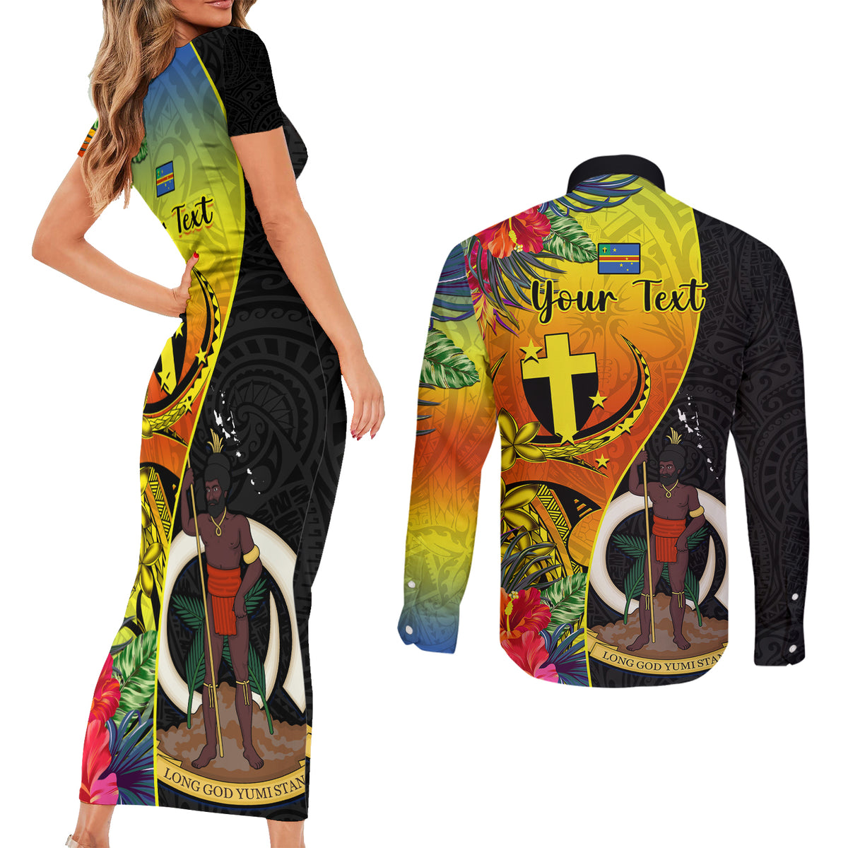 personalised-vanuatu-tafea-day-couples-matching-short-sleeve-bodycon-dress-and-long-sleeve-button-shirts-coat-of-arms-mix-tropical-flowers