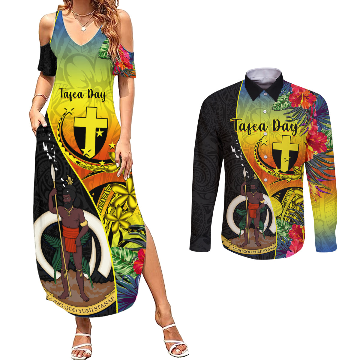 personalised-vanuatu-tafea-day-couples-matching-summer-maxi-dress-and-long-sleeve-button-shirts-coat-of-arms-mix-tropical-flowers