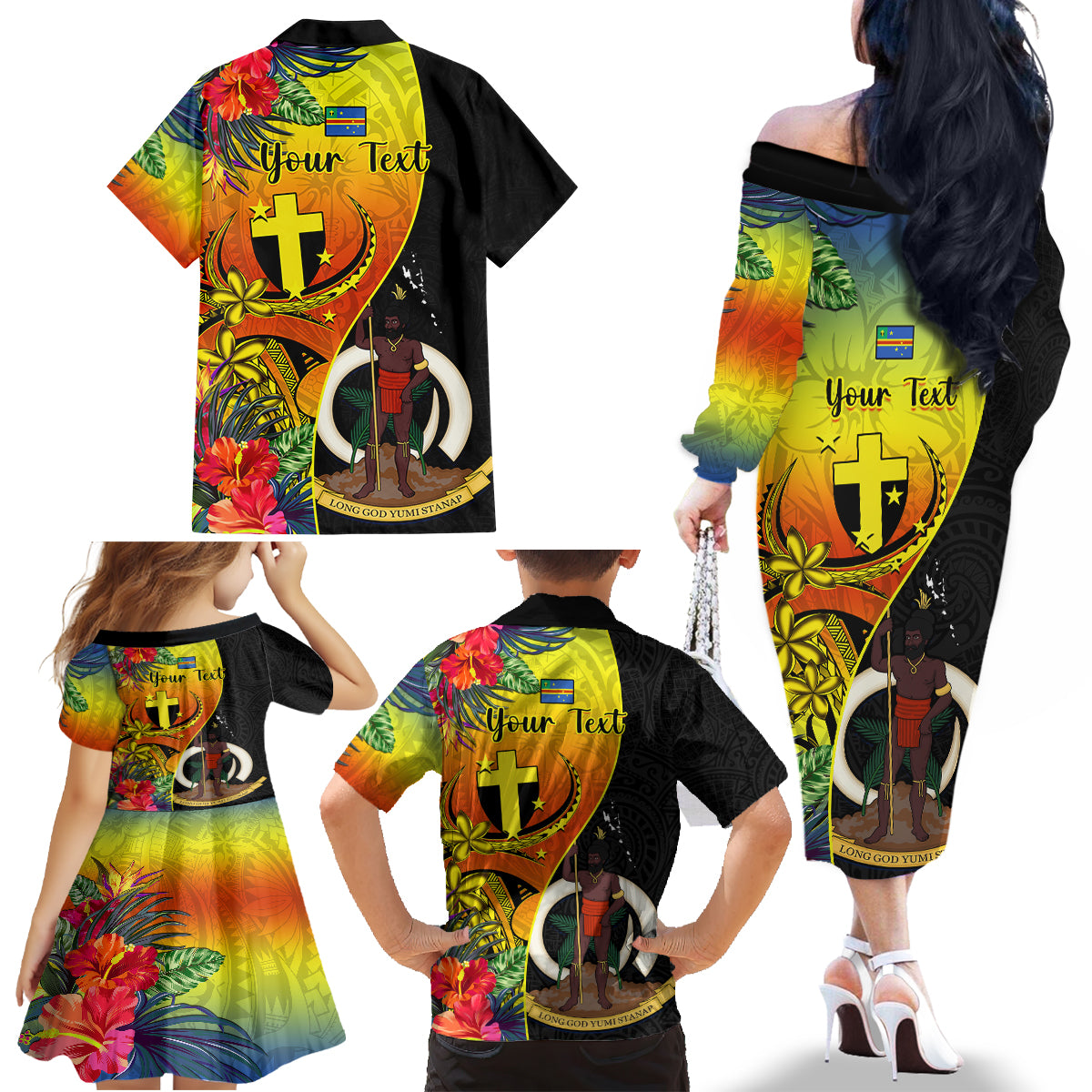 personalised-vanuatu-tafea-day-family-matching-off-shoulder-long-sleeve-dress-and-hawaiian-shirt-coat-of-arms-mix-tropical-flowers