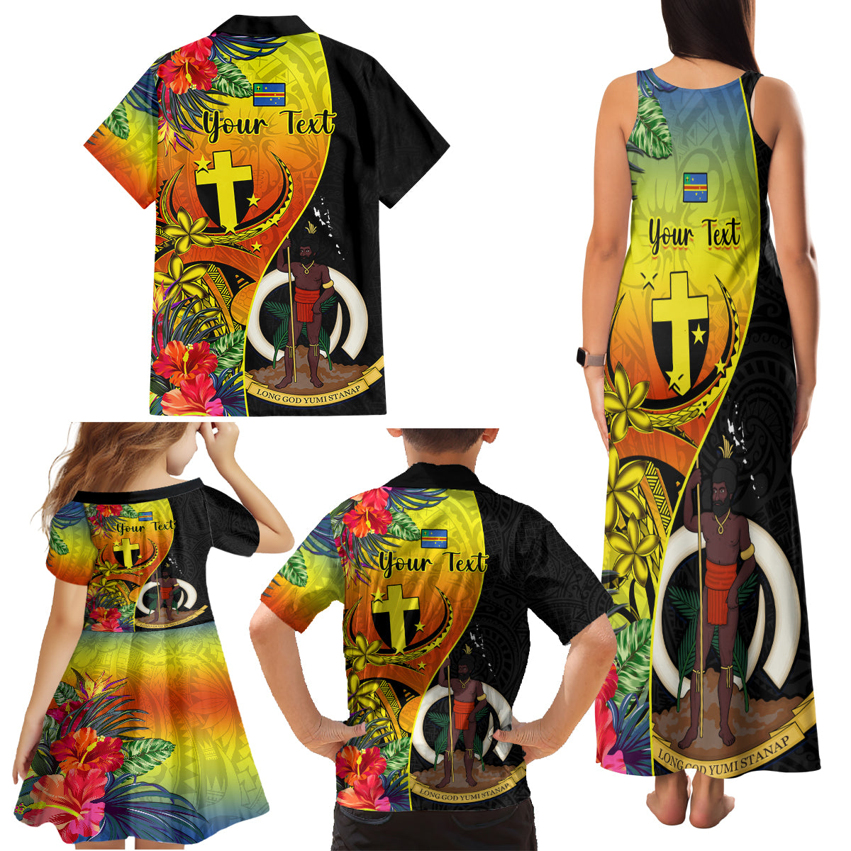 personalised-vanuatu-tafea-day-family-matching-tank-maxi-dress-and-hawaiian-shirt-coat-of-arms-mix-tropical-flowers