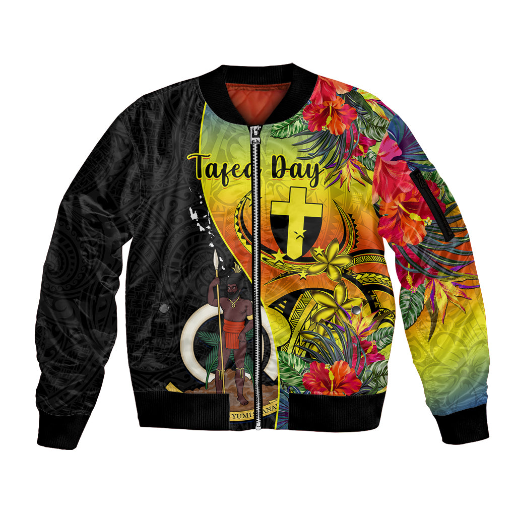 personalised-vanuatu-tafea-day-sleeve-zip-bomber-jacket-coat-of-arms-mix-tropical-flowers