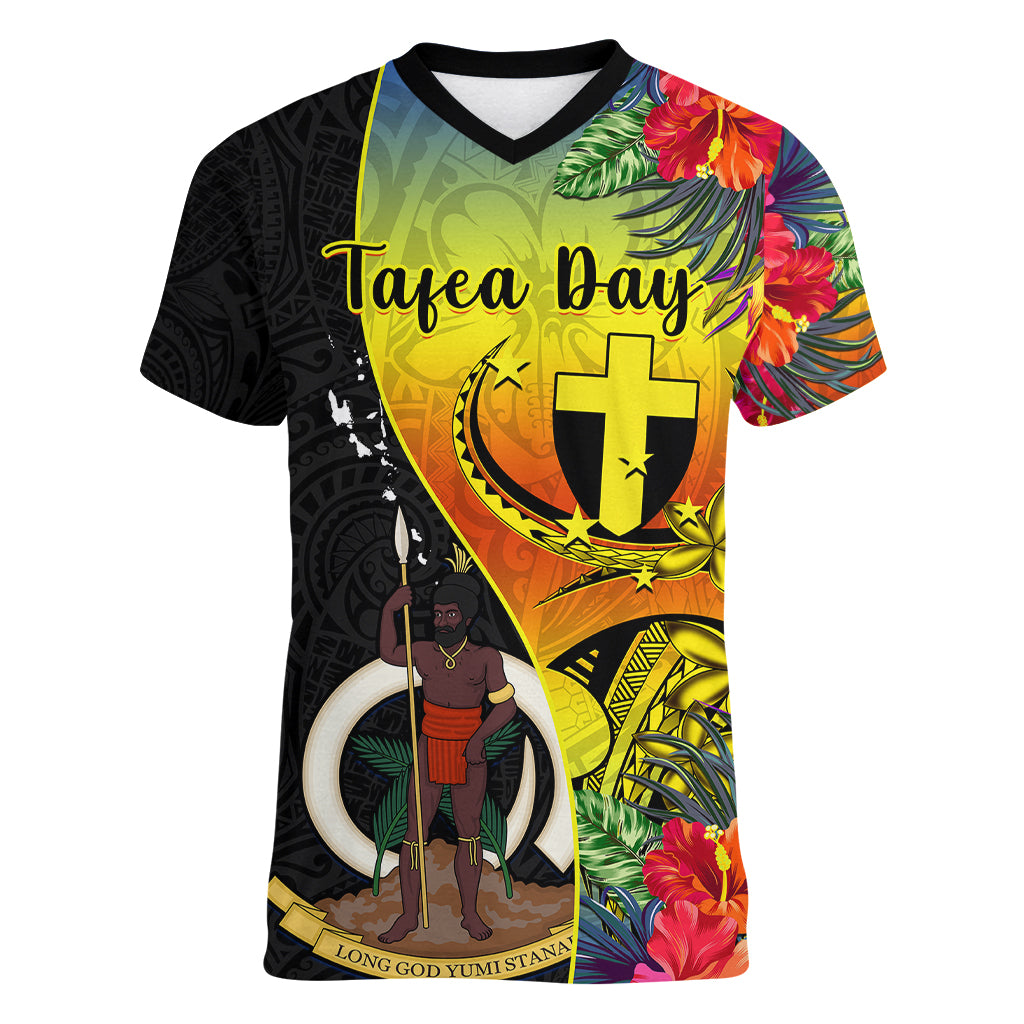 personalised-vanuatu-tafea-day-women-v-neck-t-shirt-coat-of-arms-mix-tropical-flowers