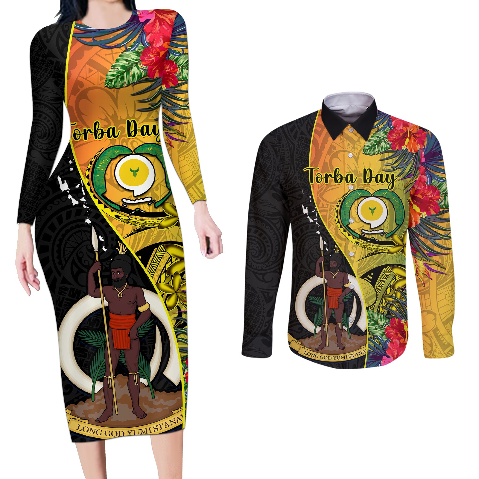vanuatu-torba-day-couples-matching-long-sleeve-bodycon-dress-and-long-sleeve-button-shirts-coat-of-arms-mix-tropical-flowers