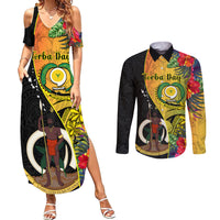 vanuatu-torba-day-couples-matching-summer-maxi-dress-and-long-sleeve-button-shirts-coat-of-arms-mix-tropical-flowers