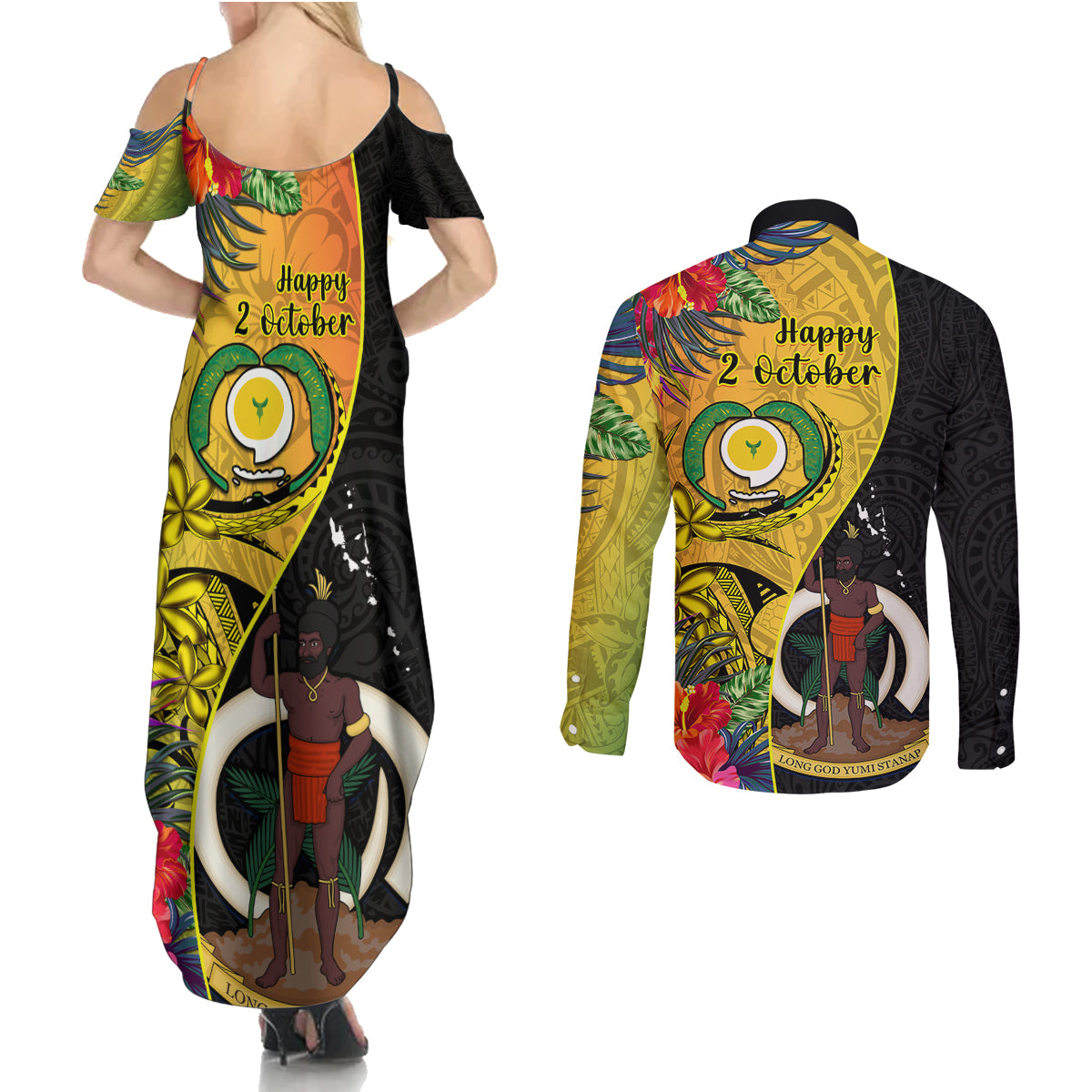 vanuatu-torba-day-couples-matching-summer-maxi-dress-and-long-sleeve-button-shirts-coat-of-arms-mix-tropical-flowers