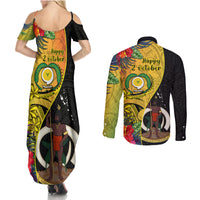 vanuatu-torba-day-couples-matching-summer-maxi-dress-and-long-sleeve-button-shirts-coat-of-arms-mix-tropical-flowers