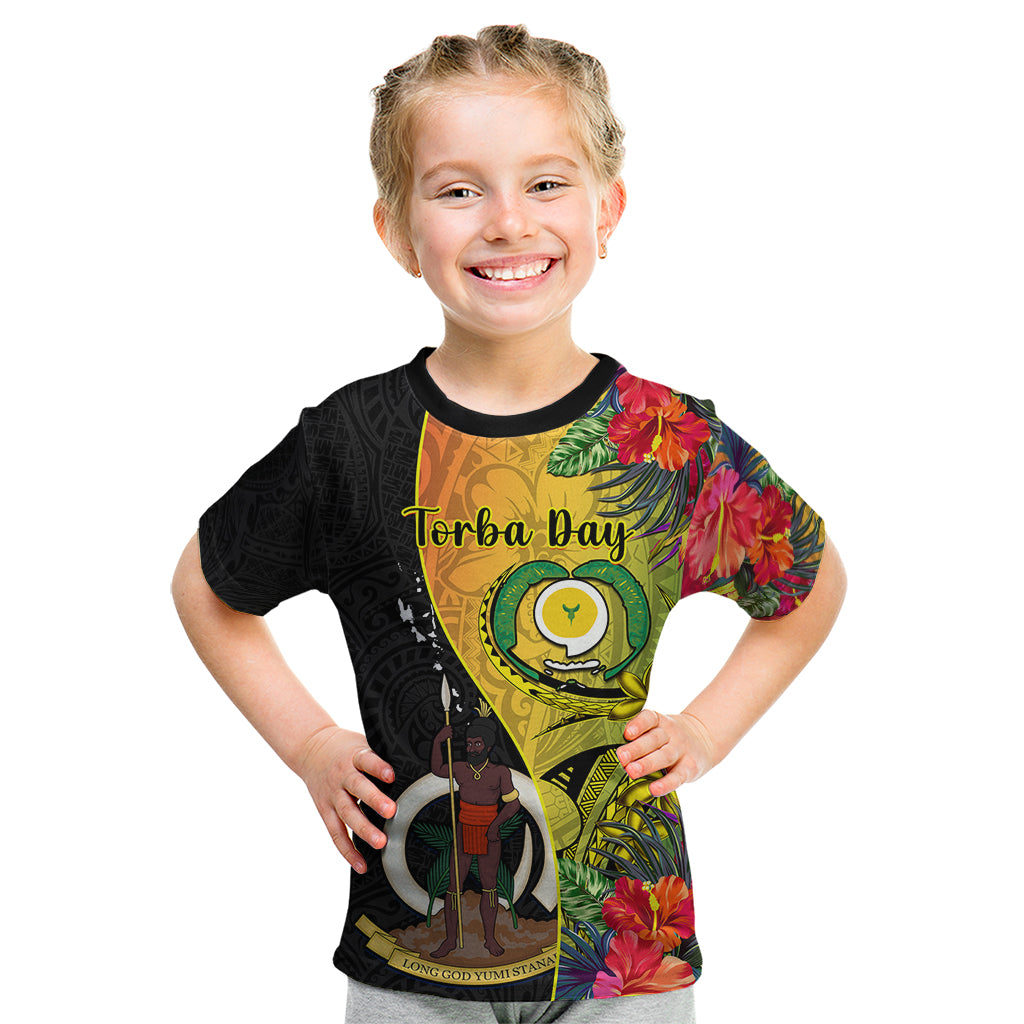 Vanuatu Torba Day Kid T Shirt Coat Of Arms Mix Tropical Flowers LT14 Black - Polynesian Pride