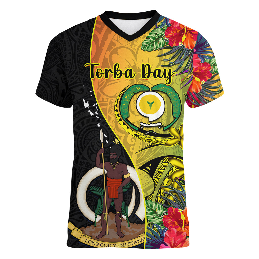 vanuatu-torba-day-women-v-neck-t-shirt-coat-of-arms-mix-tropical-flowers