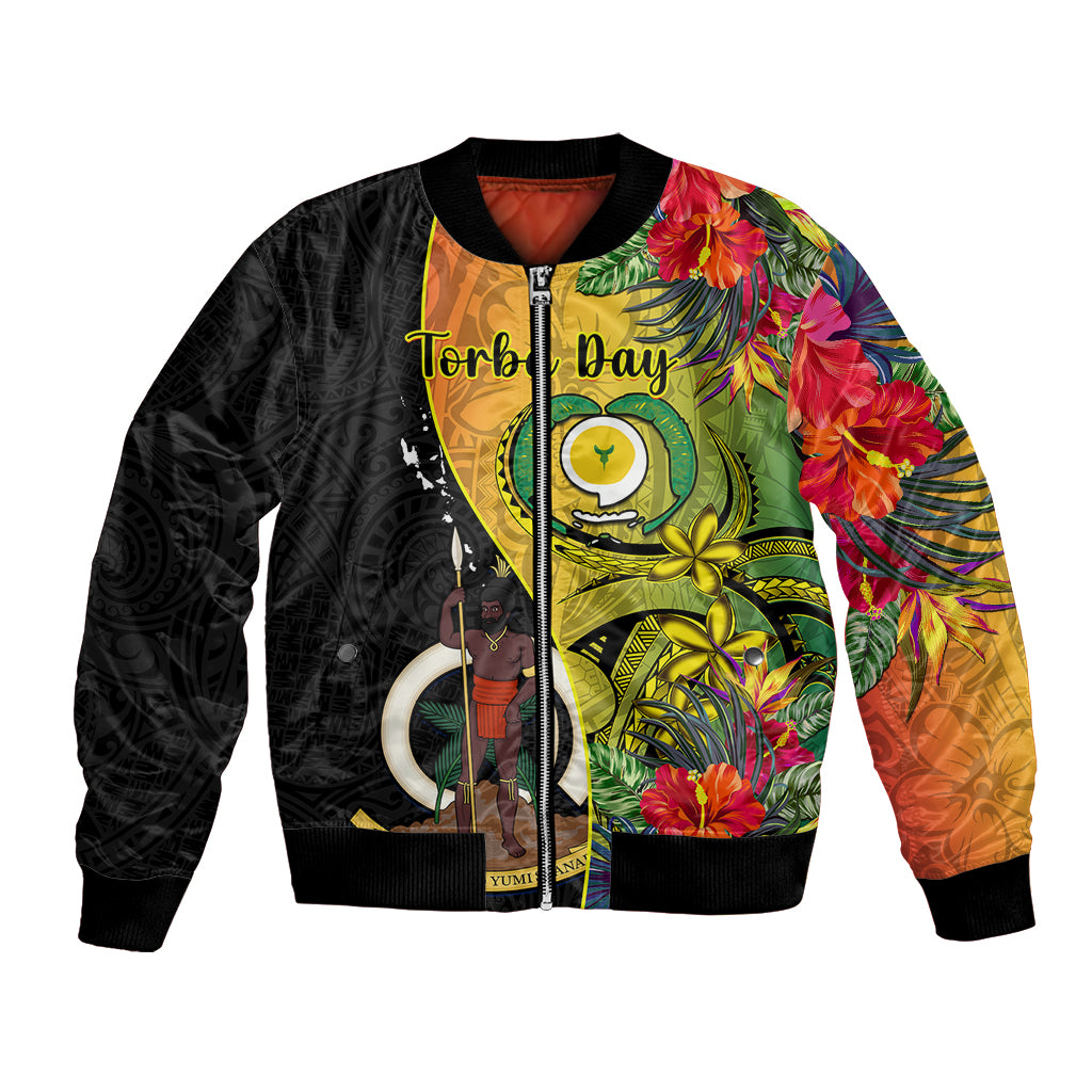 personalised-vanuatu-torba-day-bomber-jacket-coat-of-arms-mix-tropical-flowers