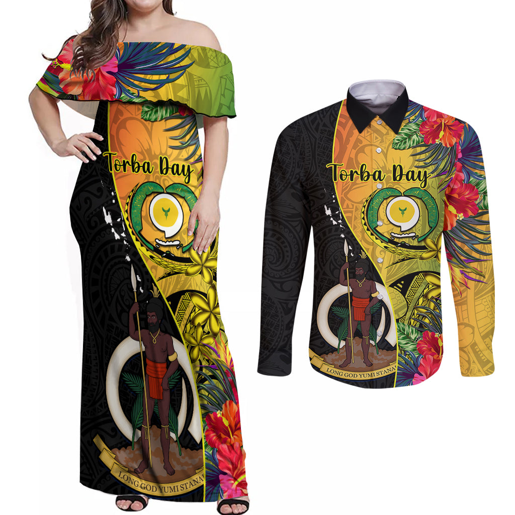personalised-vanuatu-torba-day-couples-matching-off-shoulder-maxi-dress-and-long-sleeve-button-shirts-coat-of-arms-mix-tropical-flowers