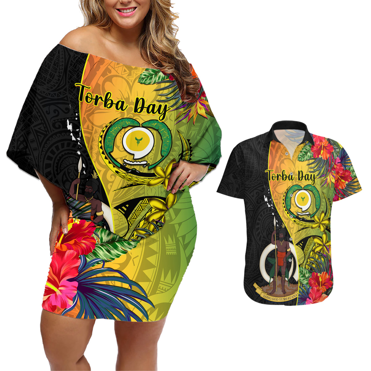 personalised-vanuatu-torba-day-couples-matching-off-shoulder-short-dress-and-hawaiian-shirt-coat-of-arms-mix-tropical-flowers
