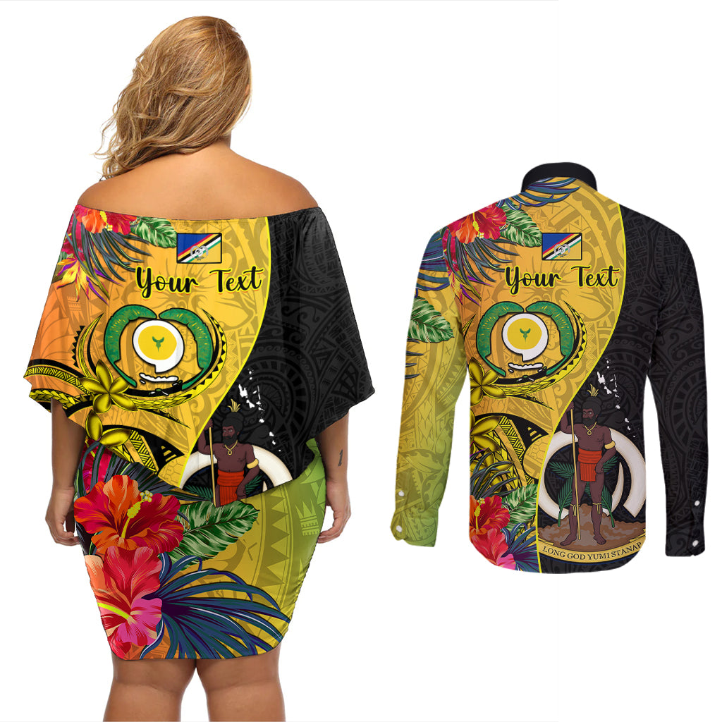 personalised-vanuatu-torba-day-couples-matching-off-shoulder-short-dress-and-long-sleeve-button-shirts-coat-of-arms-mix-tropical-flowers