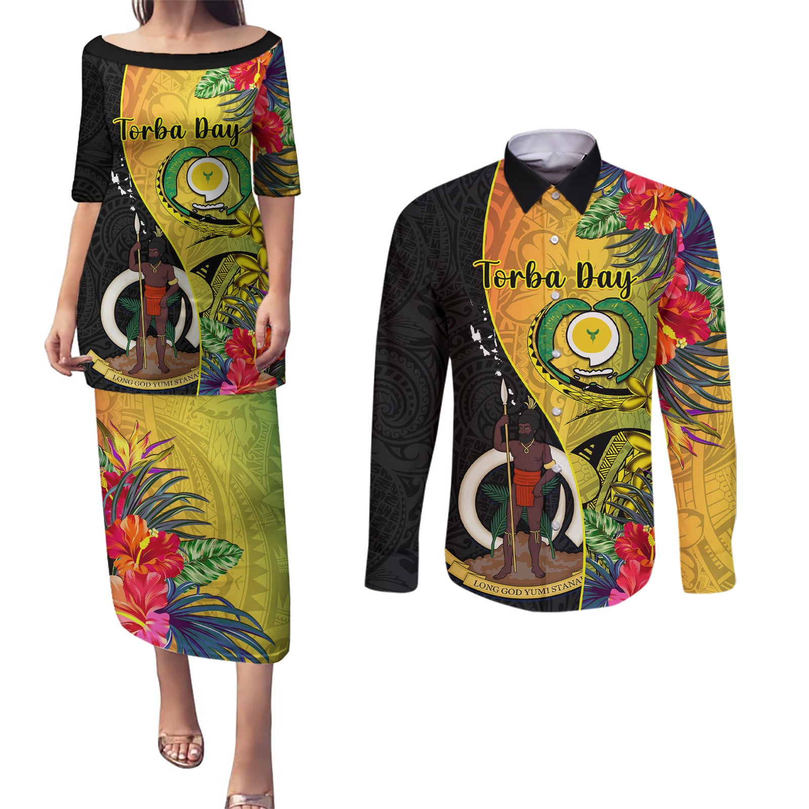 personalised-vanuatu-torba-day-couples-matching-puletasi-dress-and-long-sleeve-button-shirts-coat-of-arms-mix-tropical-flowers