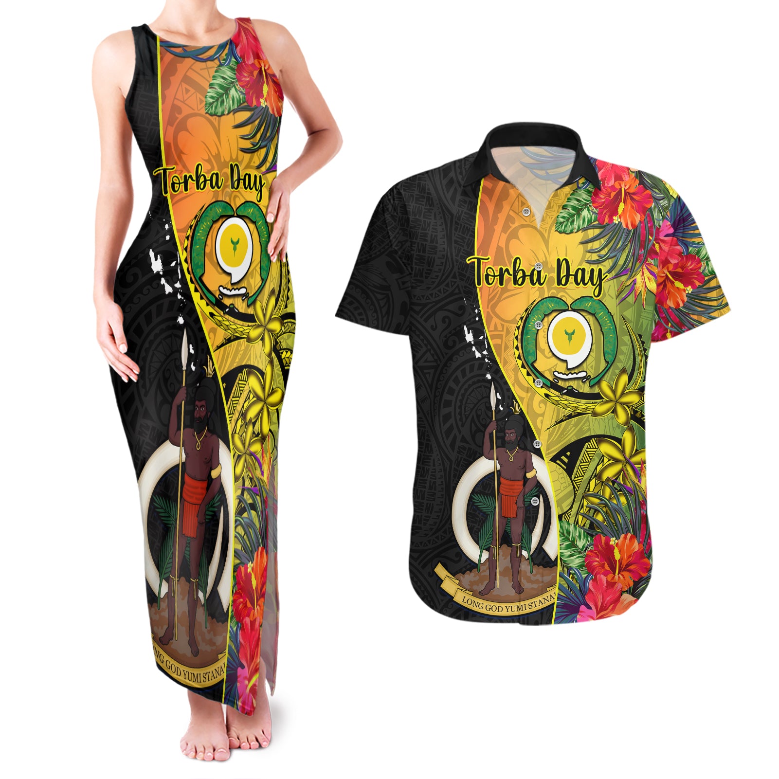 personalised-vanuatu-torba-day-couples-matching-tank-maxi-dress-and-hawaiian-shirt-coat-of-arms-mix-tropical-flowers